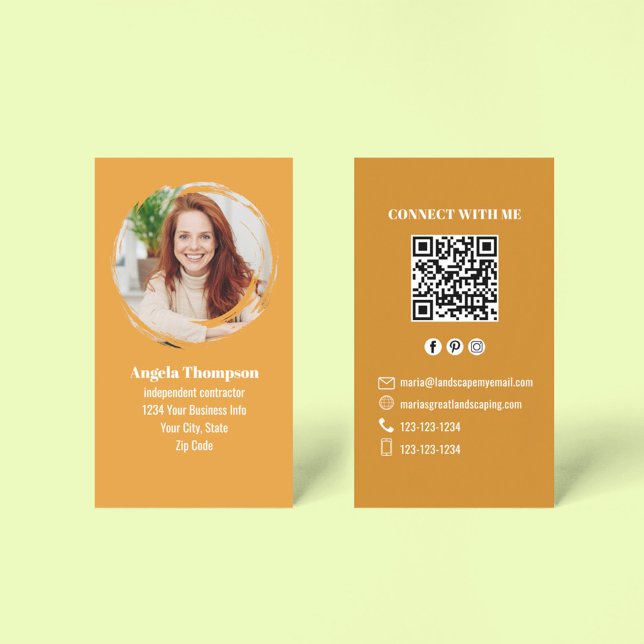 Tarjeta De Visita Orange Photo QR Code Connect with Me Business (Business card with modern photo template and orange theme.)