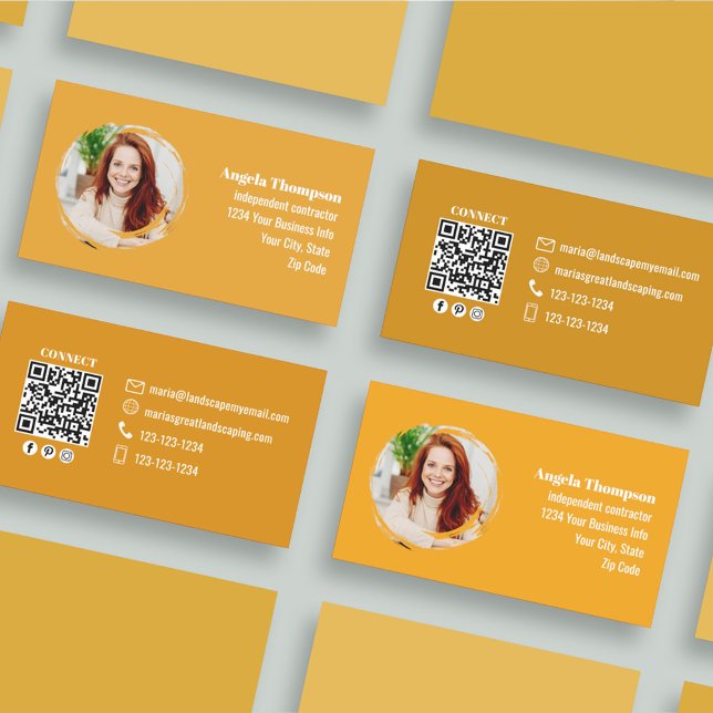 Tarjeta De Visita Orange Photo QR Code Social Media (Modern orange business cards with photo and qr code template..)
