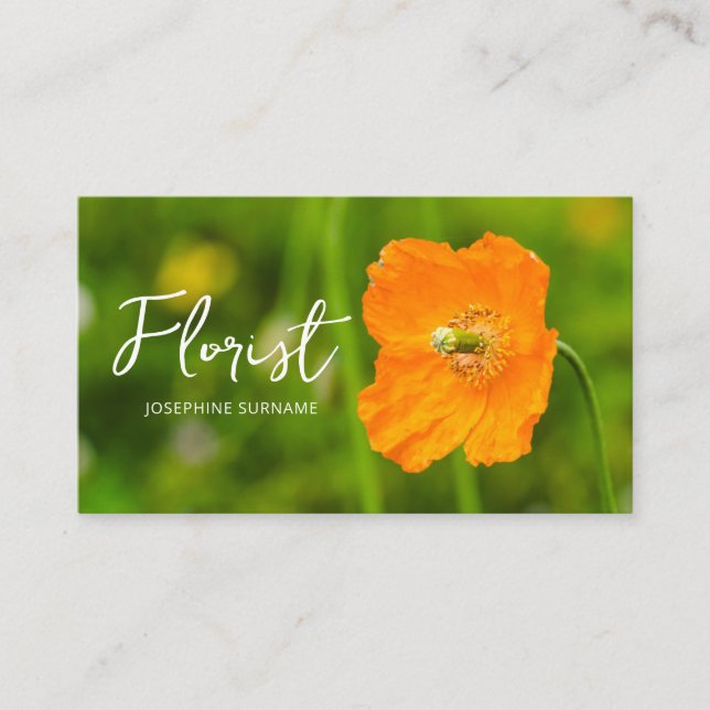 Tarjeta De Visita Orange Poppy Flower Summer Green Photo Florist (Anverso)