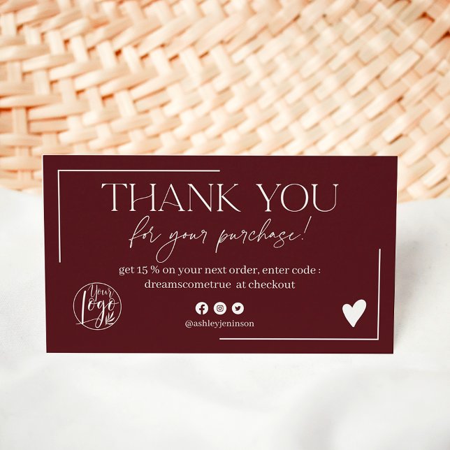 Tarjeta De Visita Orden de escritura burgundy moderno gracias (Modern burgundy script order thank you business card)