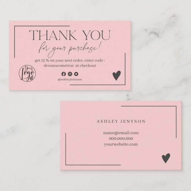 Tarjeta De Visita Orden de escritura gris rosa pastel gracias (Anverso / Reverso)