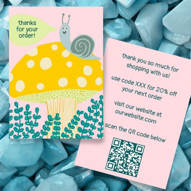 Tarjeta De Visita Orden de PERSONALIZADO de hongos mágicos por carac (Cute business card thank you for your order with snail and mushroom, custom QR code, discount code)