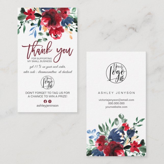 Tarjeta De Visita Orden del logo floral rojo burdeos rustico (Anverso / Reverso)