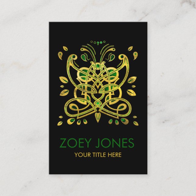Tarjeta De Visita Ornamento de mariposas celtas - Verde y oro (Anverso)