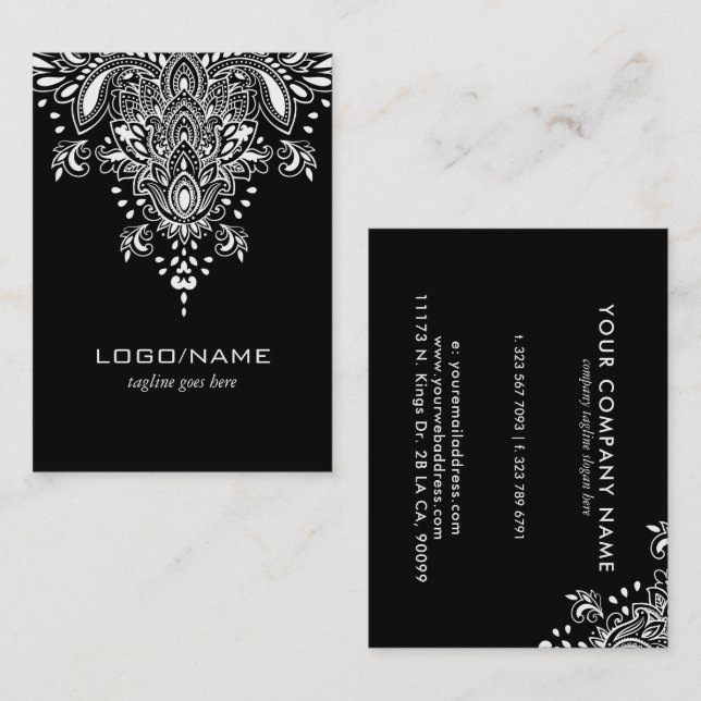 Tarjeta De Visita Ornamento Floral Paisley blanco y negro (Anverso / Reverso)