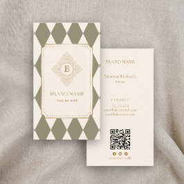 Tarjeta De Visita Ornate Blue Harlequin Gold Vintage Monogram QR 