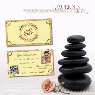 Tarjeta De Visita Ornate Cream Beige Gold Monograma Foto Código QR