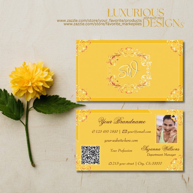 Tarjeta De Visita Ornate Tangerine Naranja Monograma Foto Código QR (Subido por el creador)