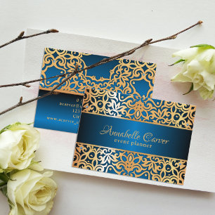 Tarjeta De Visita Ornate Vintage Gold Y Blue Jewled Event Planner