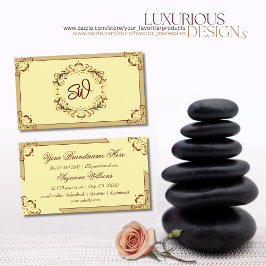 Tarjeta De Visita Ornato Crema Beige Dorado con Monograma Llamativo
