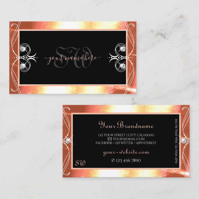 Tarjeta De Visita Ornato de las iniciales de diamantes espumosos neg (Anverso / Reverso)