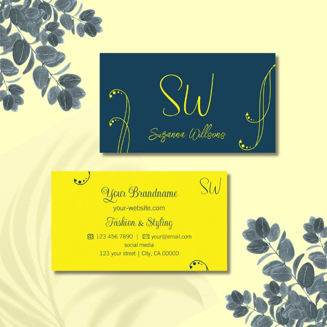 Tarjeta De Visita Ornato moderno amarillo y azul oscuro con monogram (Subido por el creador)