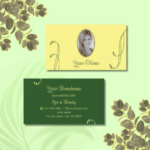 Tarjeta De Visita Ornato moderno amarillo y verde con foto retrato