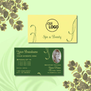 Tarjeta De Visita Ornato verde amarillo moderno con logotipo y foto