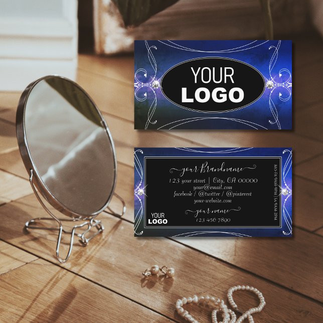 Tarjeta De Visita Ornato verde azul negro esparce diamantes con logo (Subido por el creador)