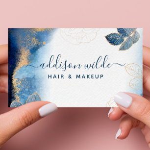 Tarjeta De Visita Oro Azul Acuarela Botánico Hojas Abstracto QR 