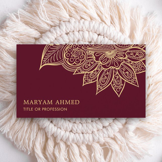 Tarjeta De Visita Oro Borgoña Henna Mehndi Islámico (Subido por el creador)