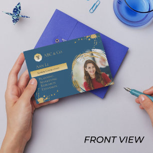 Tarjeta De Visita Oro Corporativo Y Azul, Añadir Foto A Forma De Per