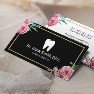 Tarjeta De Visita Oro Dentista Elegante Floral Enmarcado Cuidado Den
