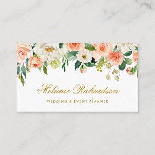 Tarjeta De Visita Oro floral blanco coralino de la acuarela elegante