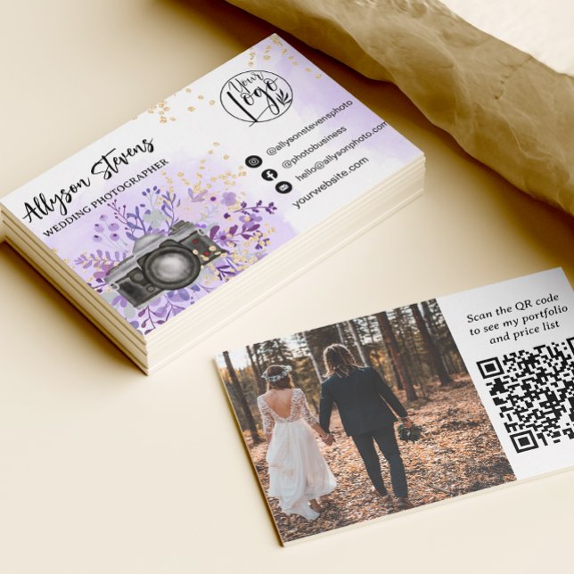 Tarjeta De Visita Oro floral púrpura fotografía logo qr código (Subido por el creador)