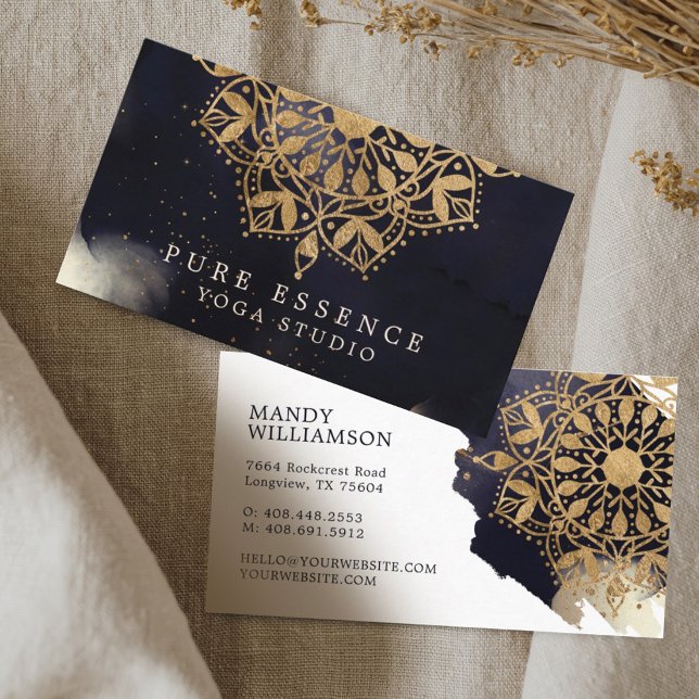 Tarjeta De Visita Oro holístico Mandala Lotus Tinta Oscura Yoga (Holistic Gold Mandala Lotus Dark Ink Yoga Business Card)
