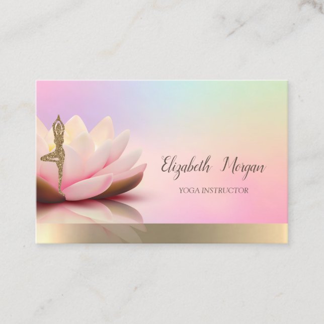 Tarjeta De Visita Oro holográfico, Lotus, Chica Purpurina de yoga (Anverso)