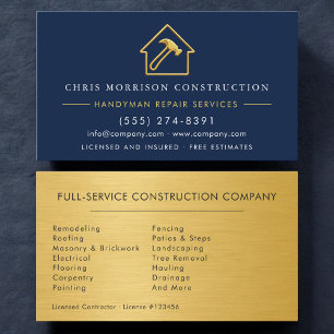 Tarjeta De Visita Oro Metálico Manitas Construcción Azul Marino
