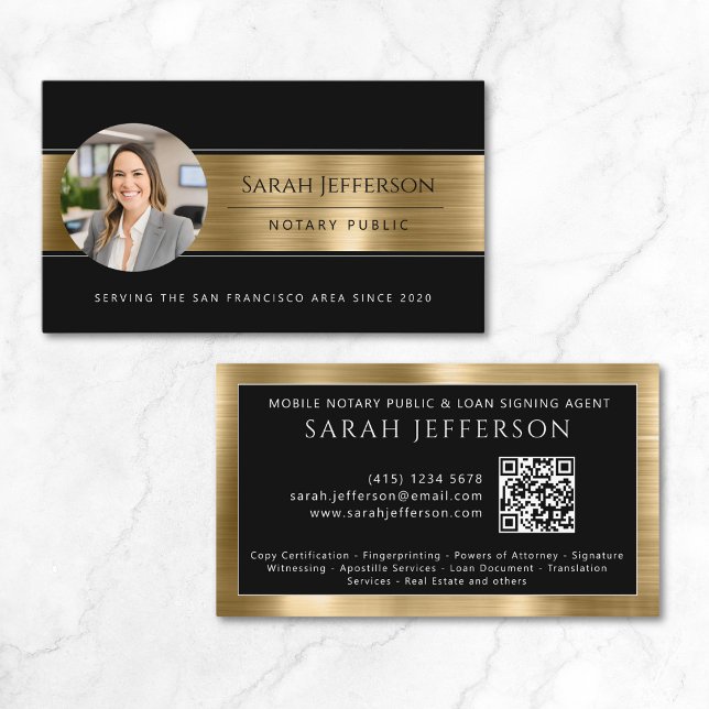 Tarjeta De Visita Oro metálico negro foto notorio QR público (Metallic Gold Black Photo QR Notary Public Business Card)