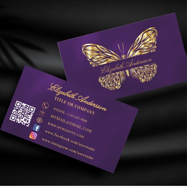 Tarjeta De Visita Oro morado de mariposa código QR medios sociales (Subido por el creador)