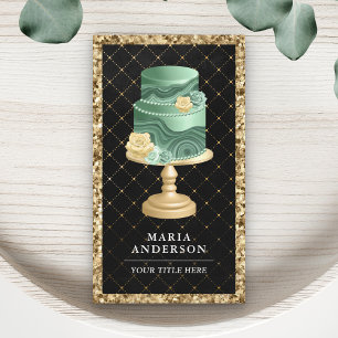 Tarjeta De Visita Oro Negro Brillo Menta Verde Floral Pastelería
