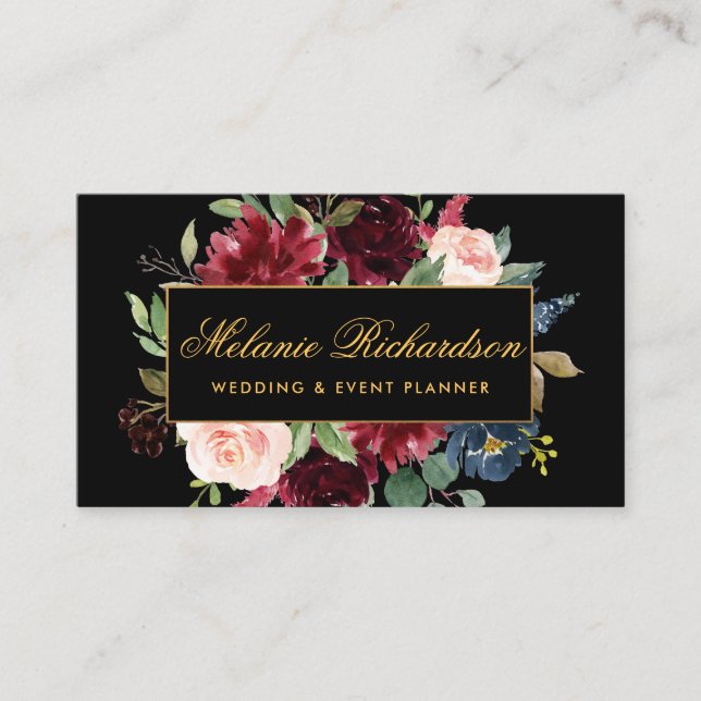 Tarjeta De Visita Oro negro de Borgoña de la acuarela elegante (Anverso)
