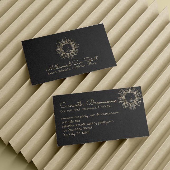 Tarjeta De Visita Oro Negro Resumen Sol Celeste Espiritual (Black Gold Abstract Spiritual Celestial Sun Business Card)