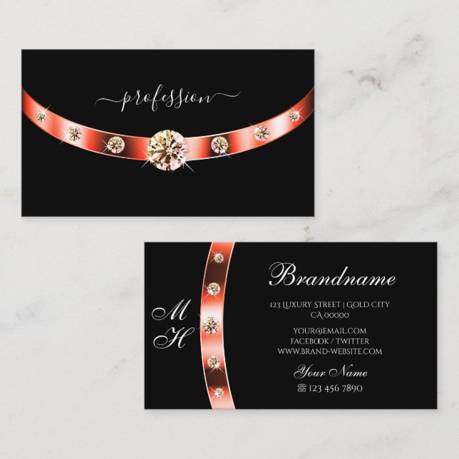 Tarjeta De Visita Oro negro y Rosa moderno con diamantes monogramas (Anverso / Reverso)