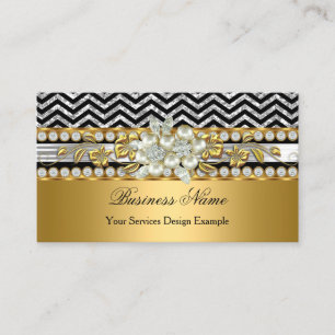 Tarjeta De Visita Oro Plata Negro Chevron Diamante Floral Perla