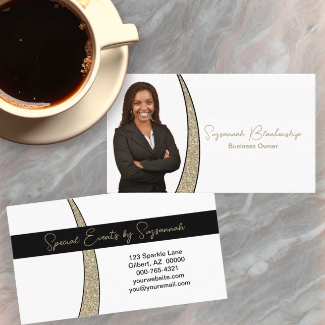 Tarjeta De Visita Oro Plateado de Brillo Falso Foto Profesional (business card template front and back)