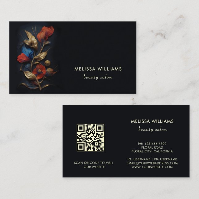 Tarjeta De Visita Oro Rojo 3 D Flores Negro  (Anverso / Reverso)