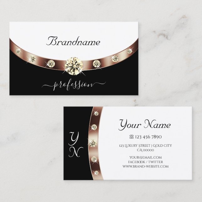 Tarjeta De Visita Oro rosa blanco y negro moderno con monograma (Anverso / Reverso)