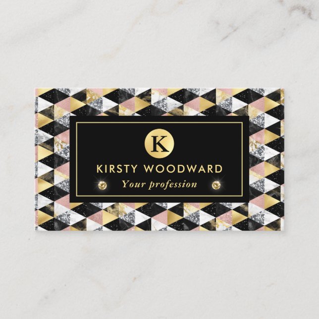 Tarjeta De Visita Oro Rosa, marble negro y blanco textura geométrica (Anverso)