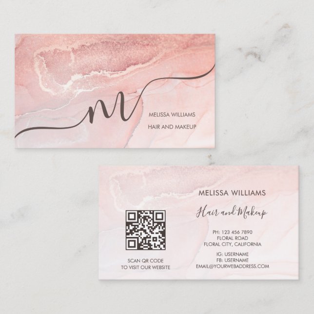 Tarjeta De Visita Oro Rosa  Mármol de Tinta | Código QR (Anverso / Reverso)