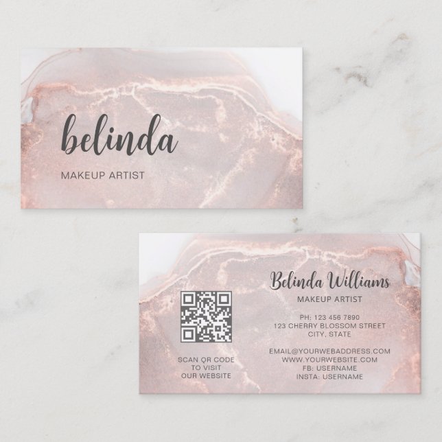 Tarjeta De Visita Oro Rosa  Mármol de Tinta | Código QR (Anverso / Reverso)
