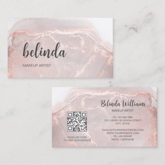 Tarjeta De Visita Oro Rosa  Mármol de Tinta | Código QR (Anverso / Reverso)
