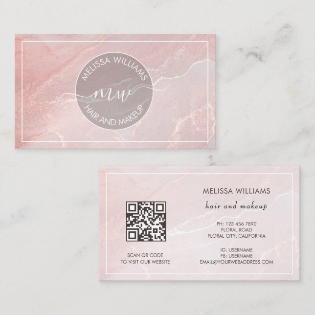 Tarjeta De Visita Oro Rosa Mármol de Tinta | Código QR (Anverso / Reverso)