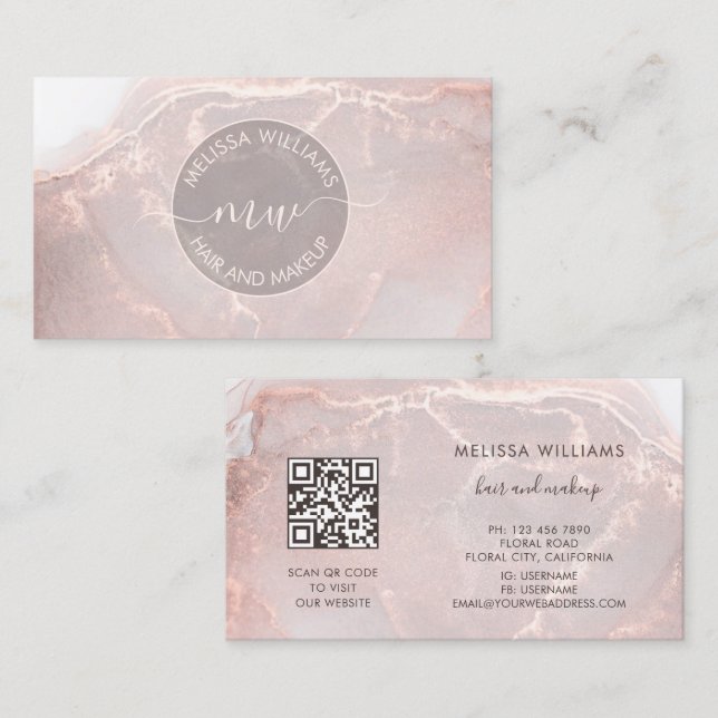 Tarjeta De Visita Oro Rosa  Mármol de Tinta | Código QR (Anverso / Reverso)