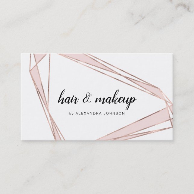 Tarjeta De Visita Oro Rosa - Rubor Makeup de pelo geométrico rosado (Anverso)