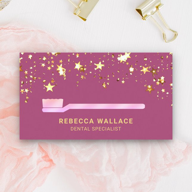 Tarjeta De Visita Oro Stars Confetti Pincel de dientes Rosa Dentista (Subido por el creador)