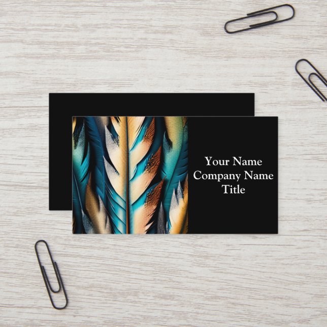 Tarjeta De Visita Oro y arte de plumas Verde azuladas (Anverso/Reverso In Situ)
