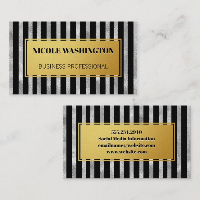 Tarjeta De Visita Oro y Relieve metalizado plateado a rayas | Moda (Anverso / Reverso)