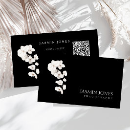 Tarjeta De Visita Orquídea Floral en Código QR Blanco Negro Moderno