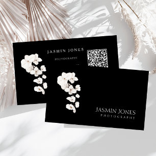 Tarjeta De Visita Orquídea Floral en Código QR Blanco Negro Moderno